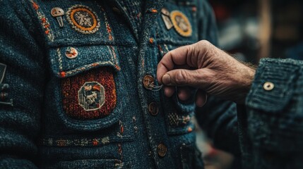 Close-up of a person fastening buttons on a heavily patched denim jacket.