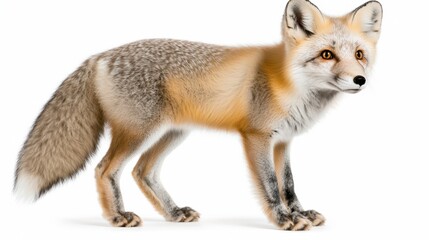 Fototapeta premium A majestic grey arctic fox with sleek, silver paws stands gracefully against a stark white background