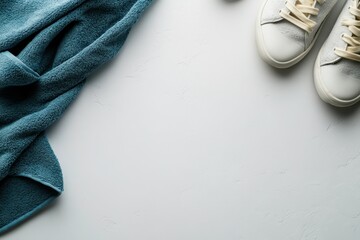 Clean Fitness Setup with Towel and Shoes on White Background