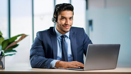 Fototapeta premium Young professional business man call contact center agent