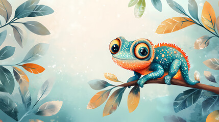 Fototapeta premium Cute Cartoon Chameleon Banner with Copy Space