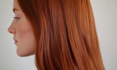 Naklejka premium Profile View of a Young Woman with Long, Glossy Red Hair