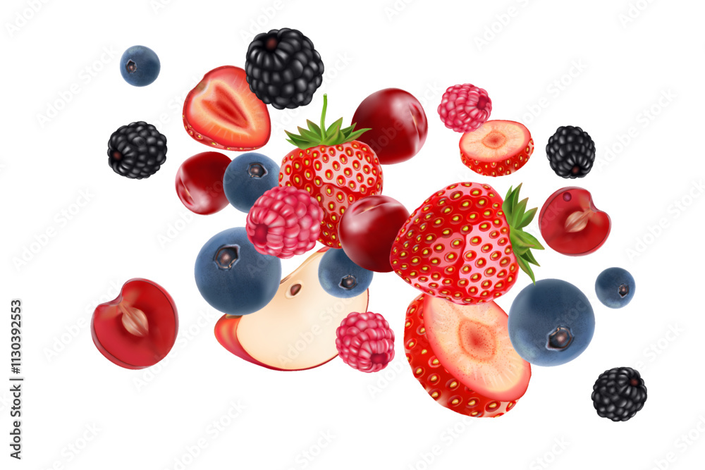 Aufkleber mixed berries smoothies fruit splashing of tropical fruits isolated on white background. vector in 3
