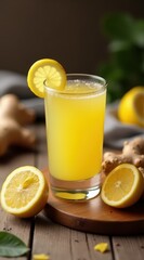 A refreshing ginger lemon juice garnished with a lemon slice, surrounded by fresh lemons and ginger on a wooden table