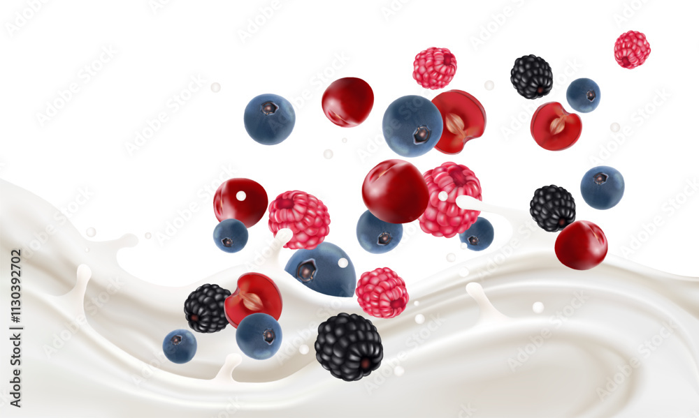 Aufkleber mixed berries smoothies fruit splashing of tropical fruits isolated on white background. vector in 3