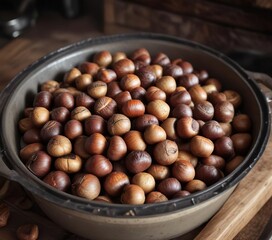 Obraz premium The warmth of a wood-fired oven radiates from within as a bowl of roasted chestnuts is removed, warm comfort, autumnal feasts, hearty appetites