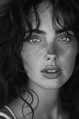 Fototapeta premium A striking black and white portrait showcasing a young woman's freckled face, capturing her intense gaze and natural beauty with soft, dramatic lighting effects.