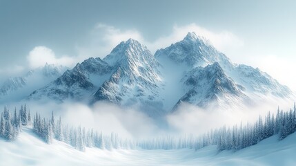 Obraz premium Majestic snow-capped mountains shrouded in mist, winter wonderland landscape.