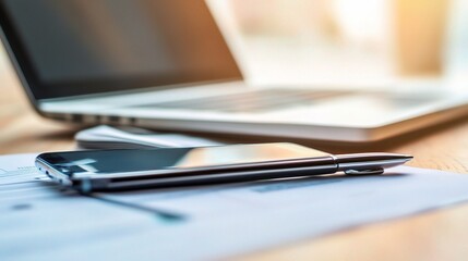 Close Up of Laptop with Phone and Pen on a Desk Surface