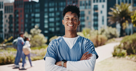 Man, outdoor and portrait as medical student for learning, career and education in clinic. Male...