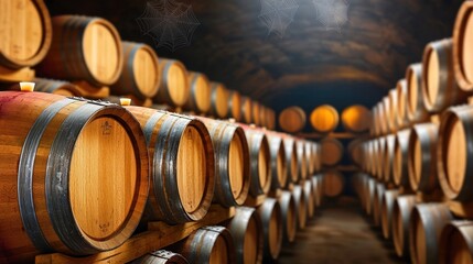 The dark wine cellar is filled with rows of wooden barrels, the dim lighting casting eerie shadows on the damp stone walls