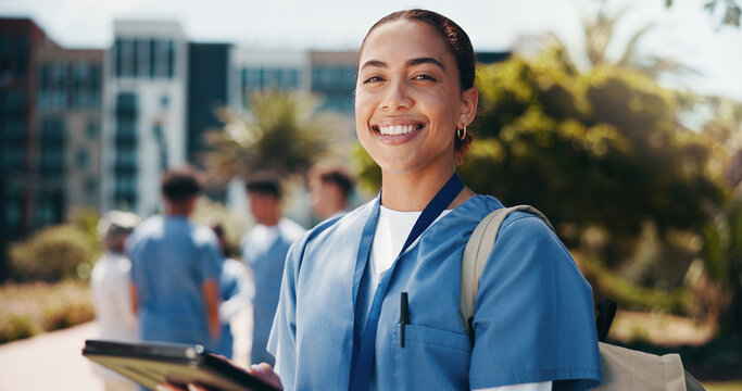Happy woman, portrait and nurse with tablet for internship, med school or healthcare campaign at campus. Female person, medical student or junior with smile on technology for health research or study