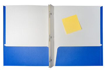 blue school folder with yellow sticky note isolated on white background