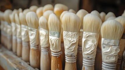 A row of paintbrushes with white handles and bristles