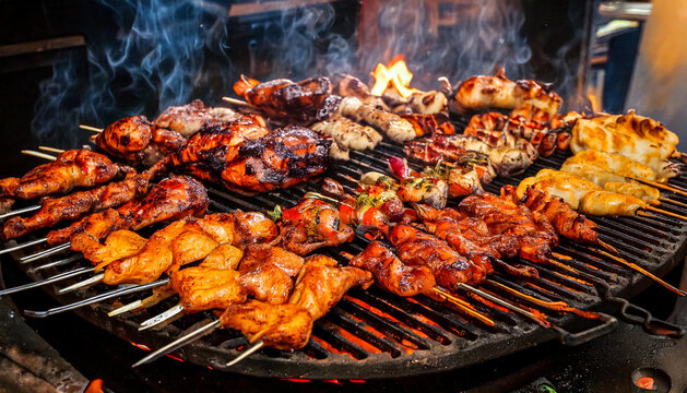 Skewers of meat on a big steaming barbecue