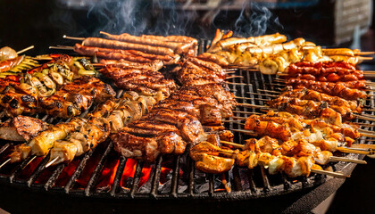 Skewers of meat on a big steaming barbecue
