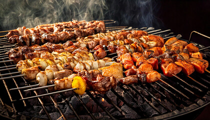 Skewers of meat on a big steaming barbecue