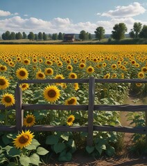 Obraz premium Field of sunflowers with a old wooden fence in the background, sunny weather, landscape photography , natural scenery