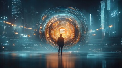 Futuristic digital vault activation event cyber city high-resolution content virtual environment immersive viewpoint smart contracts concept exploration