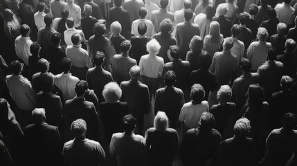 Fototapeta premium Black and white image of a seated crowd facing a bright stage