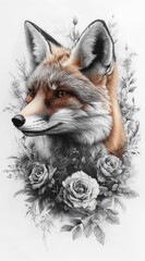 Obraz premium Red fox portrait surrounded by grayscale roses.