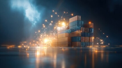 Dynamic global trade network innovation digital trade hub 3d visualization high-tech environment futuristic viewpoint smart contracts and monitoring insights