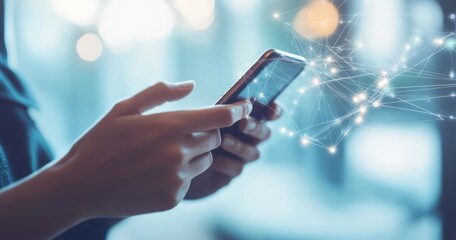 Person Using Smartphone with Digital Connection Simulation