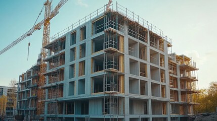 Building under construction with cranes and sunny weather