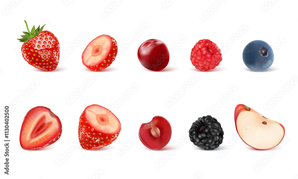 Aufkleber mixed berries smoothies fruit set of tropical fruits isolated on white background. realistic vector 