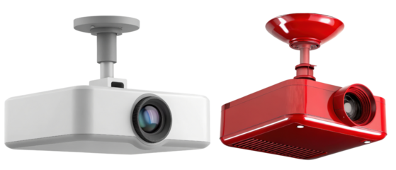 White and red ceiling-mounted projectors isolated with transparent background