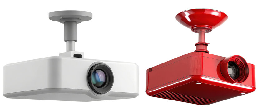 White and red ceiling-mounted projectors isolated with transparent background