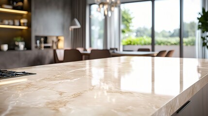 Bright Marble Countertop in Modern Kitchen with Blurred Background