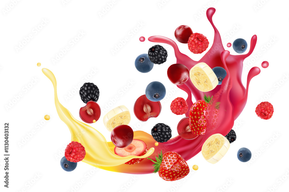 Aufkleber mixed berries smoothies fruit splashing of tropical fruits isolated on white background. vector in 3