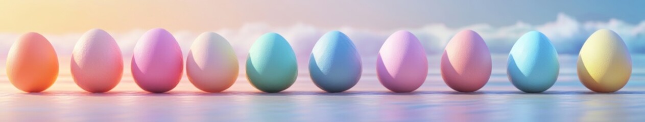 Obraz premium Colorful Pastel Eggs in a Serene Coastal Landscape Background