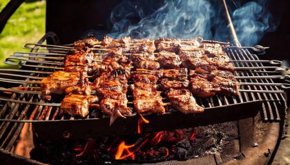 Skewers of meat on a big steaming barbecue
