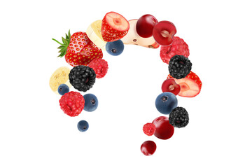 Mixed berries fruit with red raspberry, apple, strawberry, blackberry, blueberry, banana smoothies fruit splashing of Tropical fruits isolated on white background. Vector in 3D illustrations.