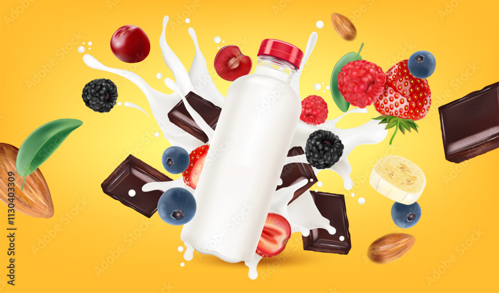Aufkleber packaging mock up mixed berries smoothies fruit splashing of tropical fruits isolated on solid backg