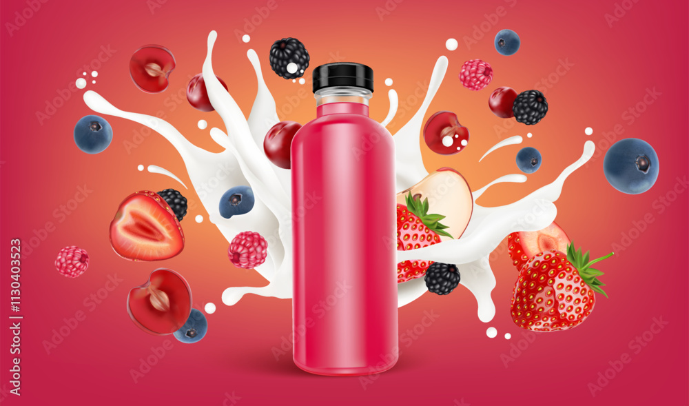 Aufkleber packaging mock up mixed berries smoothies fruit splashing of tropical fruits isolated on solid backg