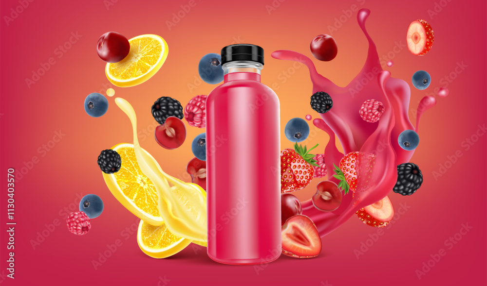 Poster packaging mock up mixed berries smoothies fruit splashing of tropical fruits isolated on solid backg
