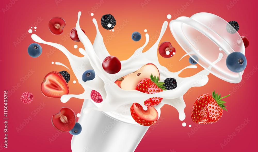 Poster Packaging mock up mixed berries
smoothies fruit splashing of Tropical fruits isolated on solid background. Vector in 3D illustrations.