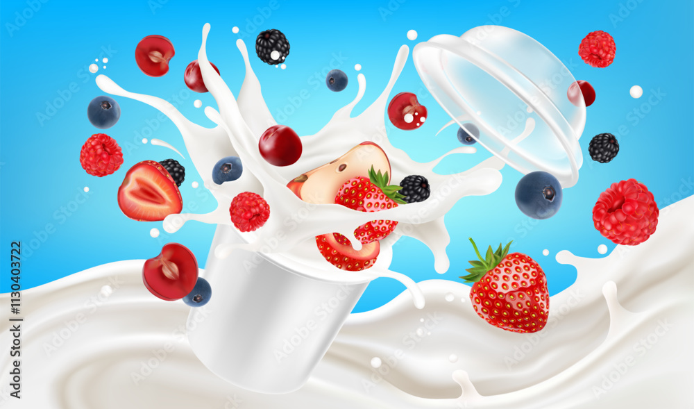 Poster packaging mock up mixed berries smoothies fruit splashing of tropical fruits isolated on solid backg