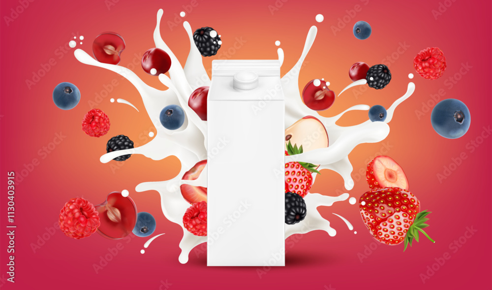 Aufkleber packaging mock up mixed berries smoothies fruit splashing of tropical fruits isolated on solid backg