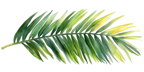 Obraz premium Single green palm leaf with yellow tips on a white background.