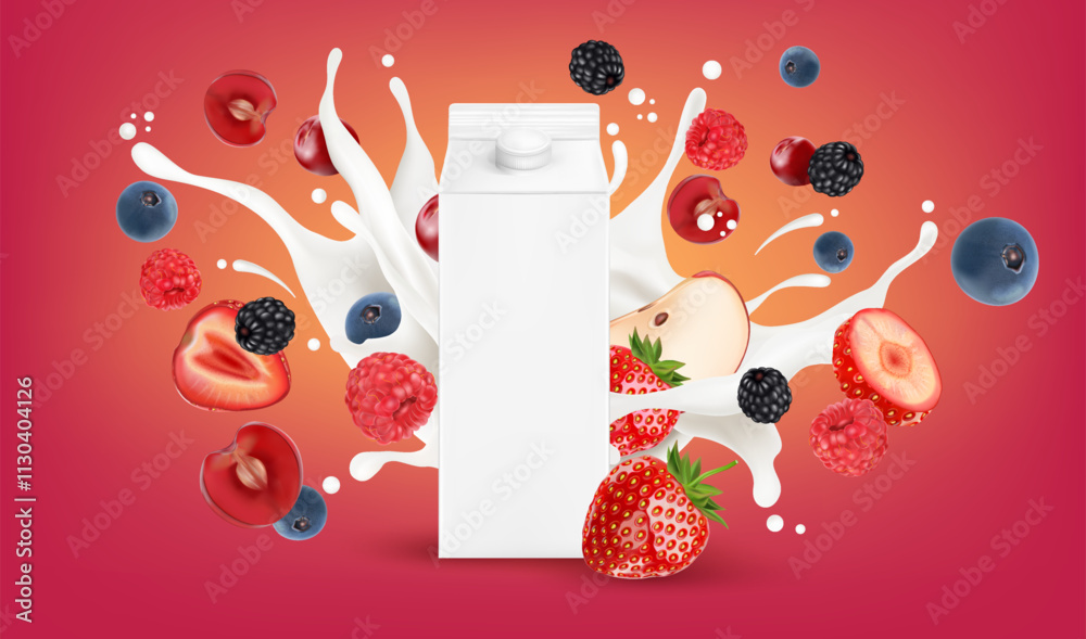 Poster packaging mock up mixed berries smoothies fruit splashing of tropical fruits isolated on solid backg