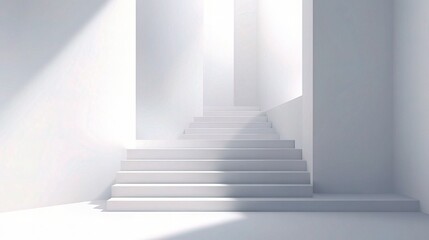 Fototapeta premium Minimalist Stairway to Success: A stark, white staircase bathed in ethereal sunlight, leading upwards towards an unknown destination.