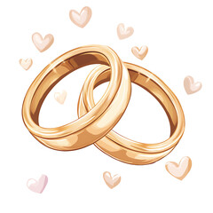 Golden wedding rings surrounded by hearts, symbolizing love and commitment