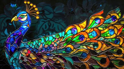 Fototapeta premium Colorful stained glass window with peacock on black background, Thailand.