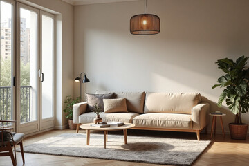 A stylish Parisian apartment reveals its modern living room, infused with Scandinavian charm. The camera captures a cozy corner, bathed in soft, natural light streaming through the floor-to-ceiling wi