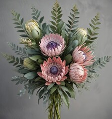 Fototapeta premium Eucalyptus and Protea Floral Bouquet on a Grey Background, grey background, floral arrangement