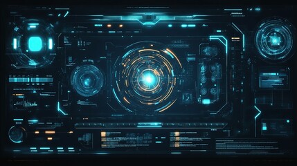 Digital Abstract Interface with Glowing Elements in Blue and Orange